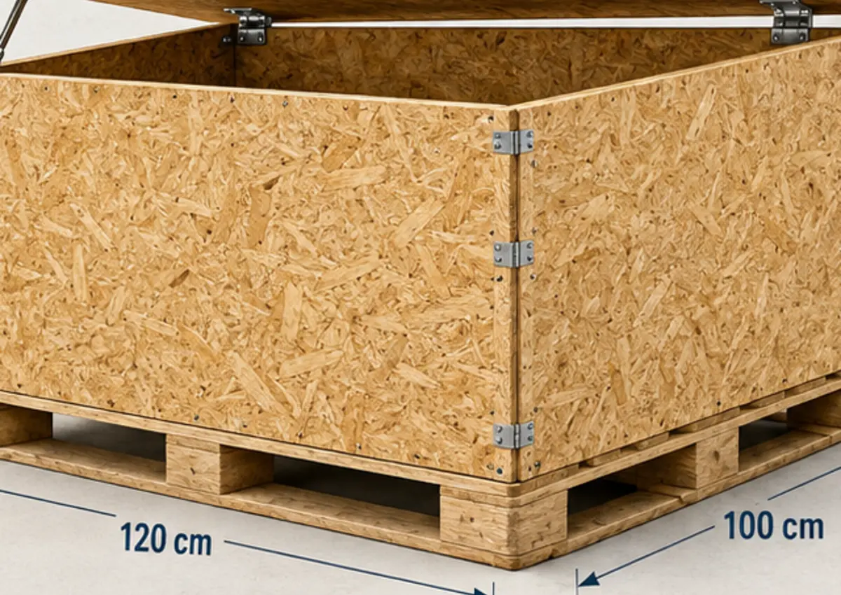 OSB pallet storage boxes in a warehouse