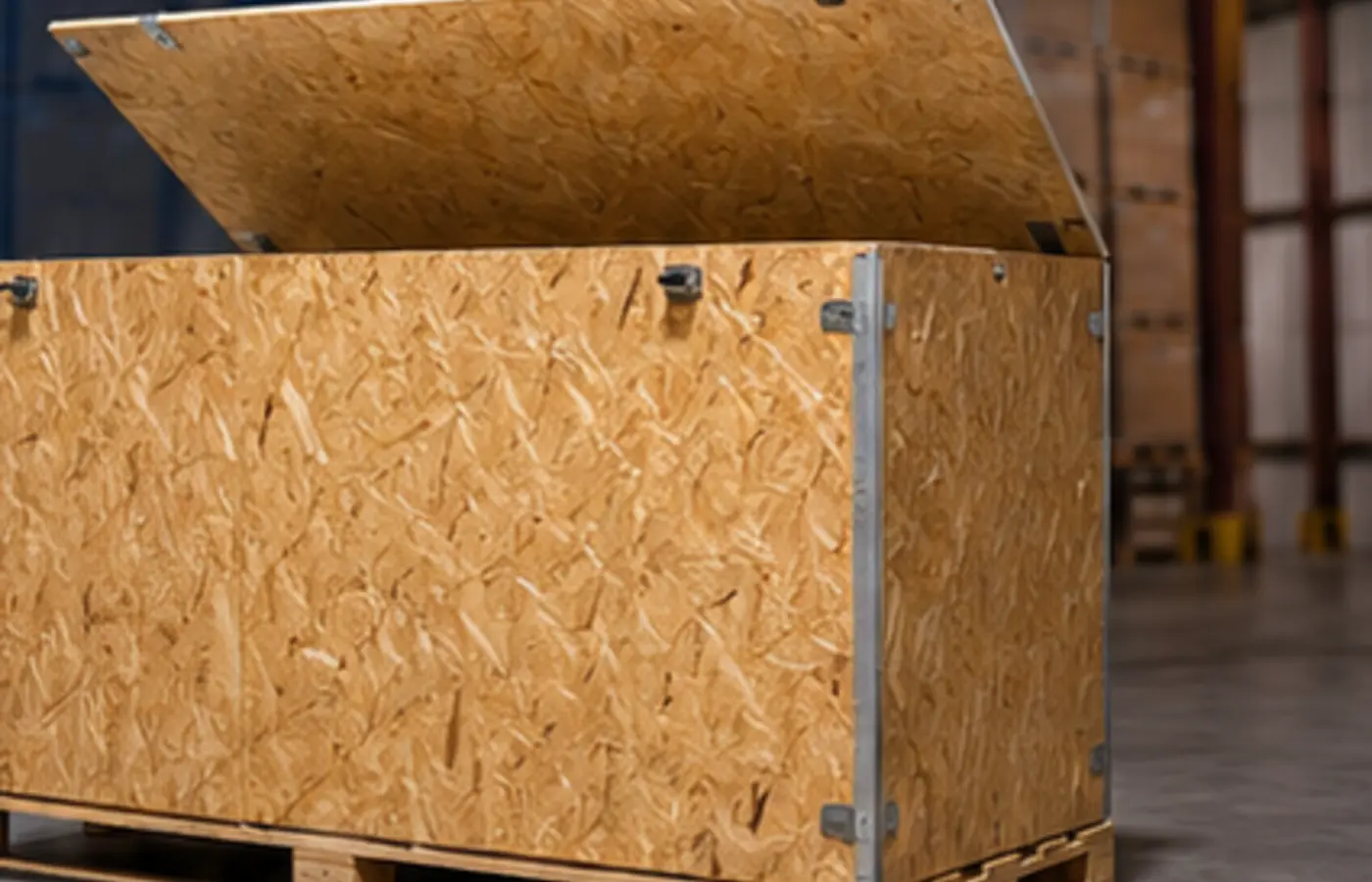 Lift-top OSB storage box on a UK pallet in a warehouse